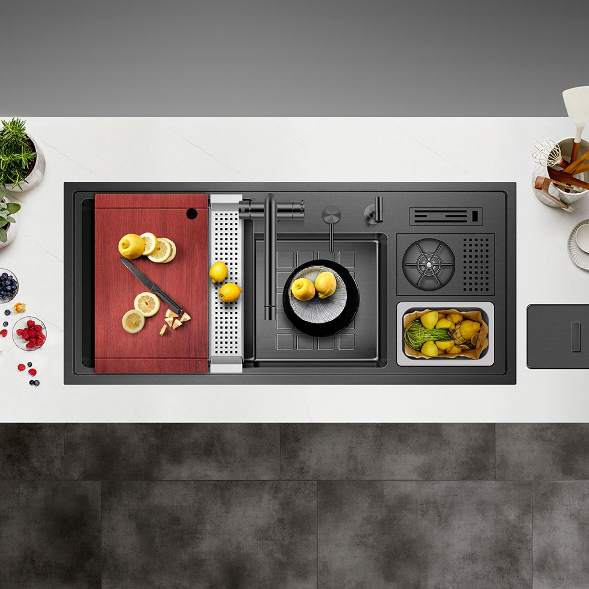 HIGRILL - Lavadero Multifuncional De Lujo y Grifería Dual de Acero Inox 304 Negro con Recipiente para Residuos