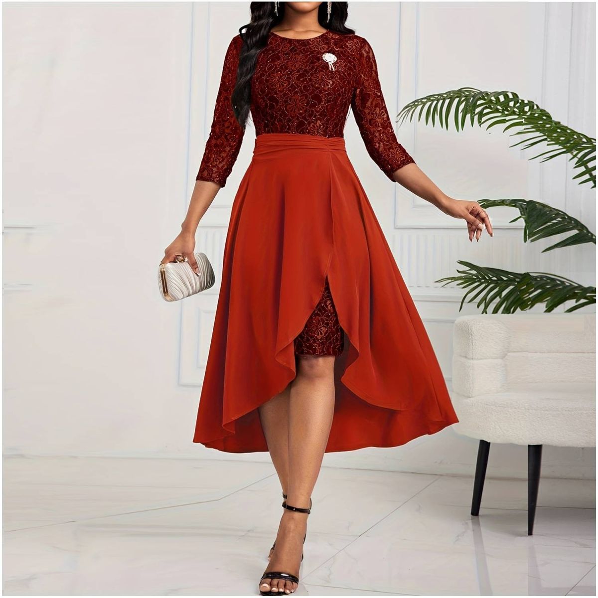 RINODERINA - Vestido Largo Elegante Encaje Moda Mujer