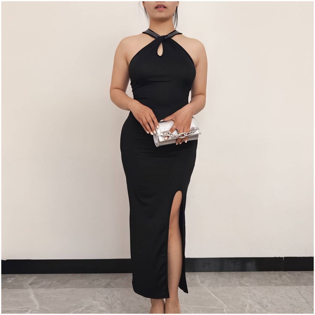 RINODERINA - Vestido Largo Fiesta Ajustado Negro Moda Mujer