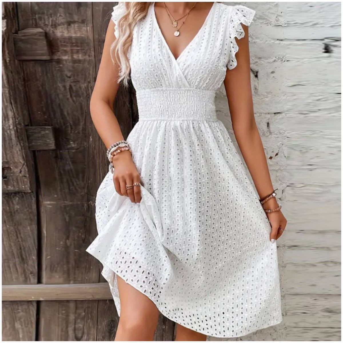 RINODERINA - Vestido Blanco Elegante Casual Algodón Moda Mujer