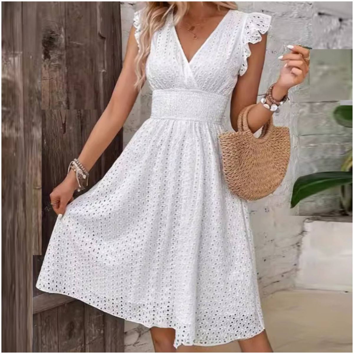 RINODERINA - Vestido Blanco Elegante Casual Algodón Moda Mujer