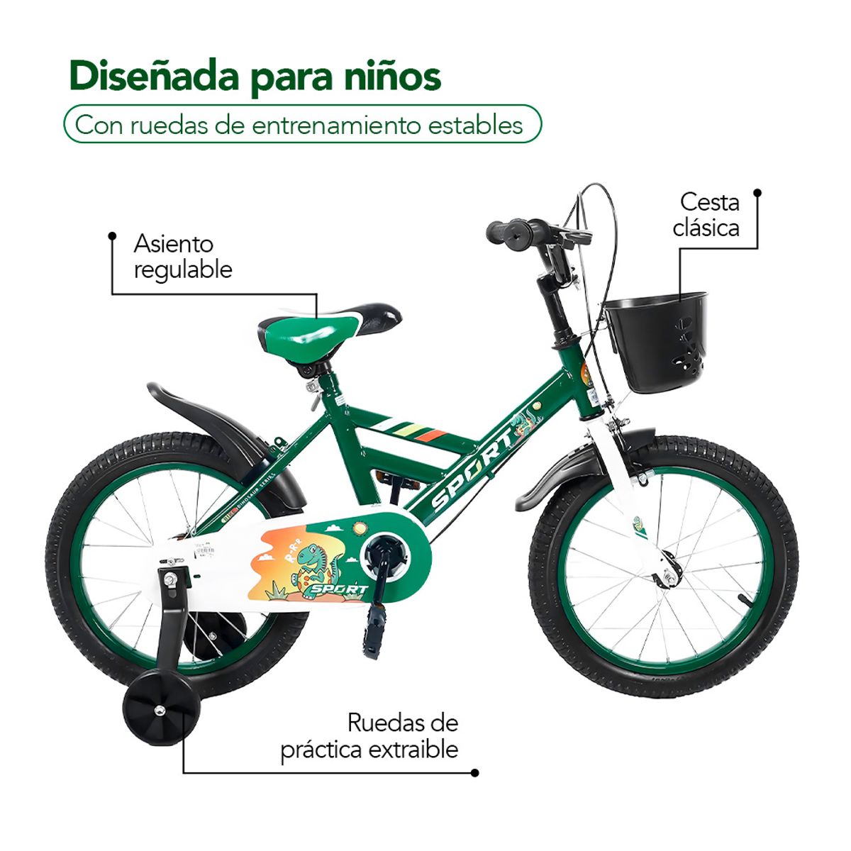 KELLER - Bicicleta para Niños con Canasta Aro N° 12 Verde A41