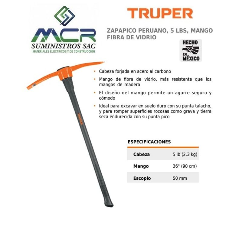 TRUPER - ZAPAPICO PERUANO 5 LBS CON MANGO DE FIBRA DE VIDRIO DE 90cm TRUPER