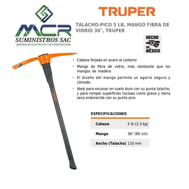 TRUPER - PICO O TALACHO DE 5 LB CON MANGO FIBRA DE VIDRIO 36"  TRUPER