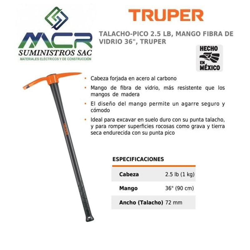 TRUPER - PICO O TALACHODE  2.5 LB CON MANGO FIBRA DE VIDRIO 36"  TRUPER