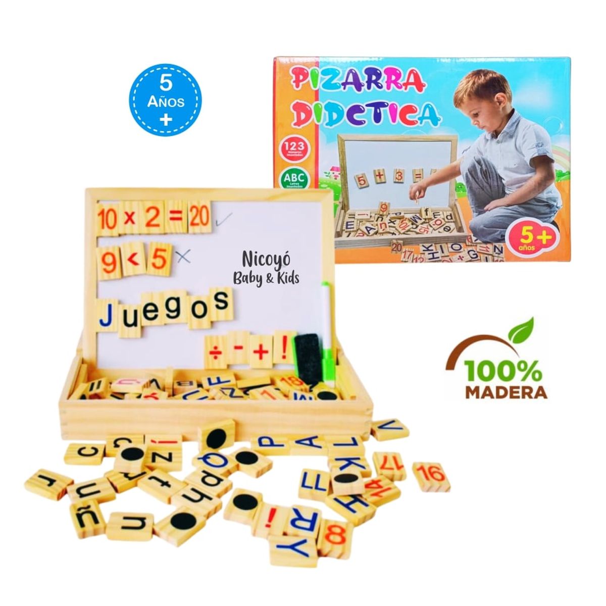 GENERICO - Pizarra Didáctica 2 en 1 de Madera con Fichas Imantadas