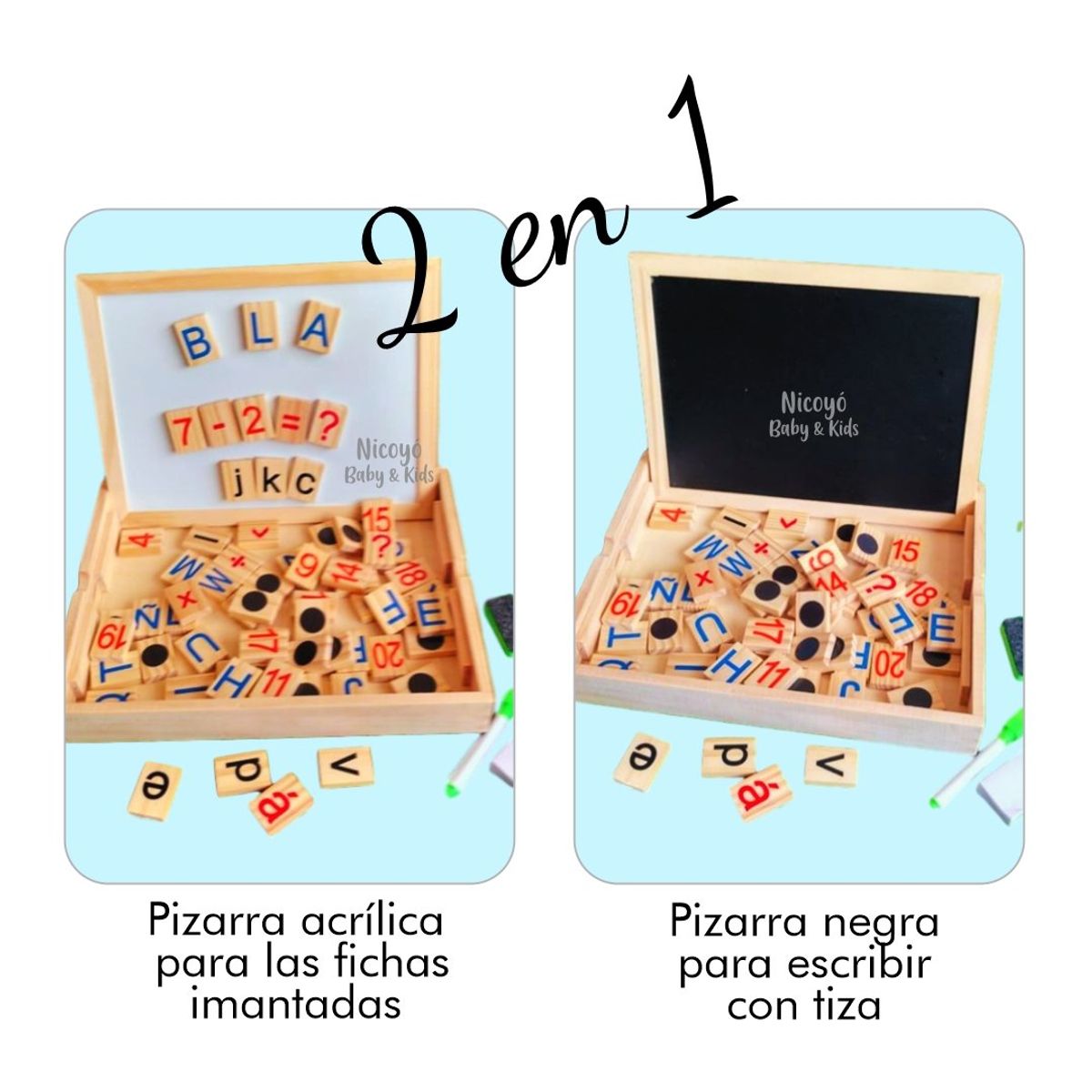 GENERICO - Pizarra Didáctica 2 en 1 de Madera con Fichas Imantadas