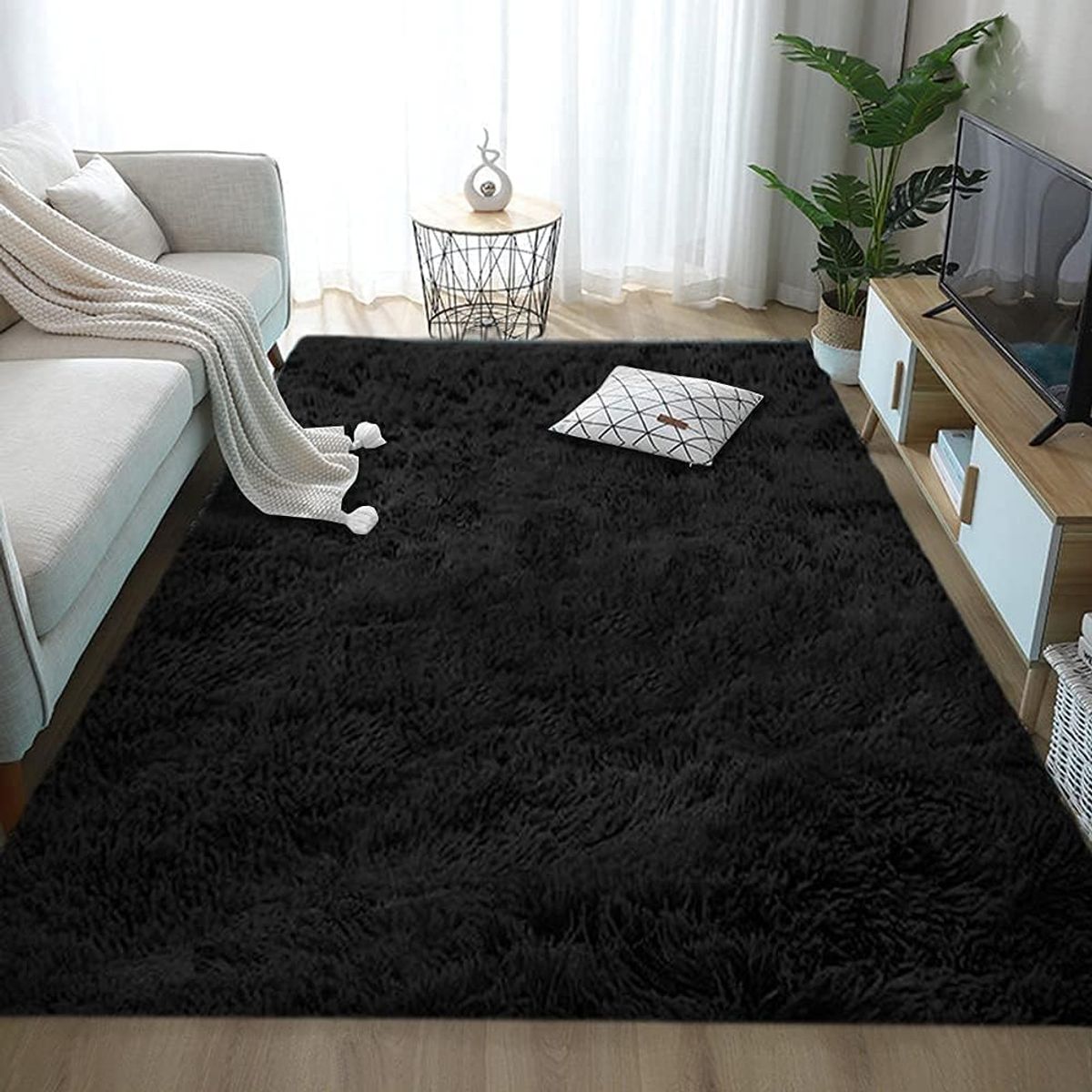 GENERICO - Alfombra Rectangular peluche pelo largo 1.60 x 2.00m Negro
