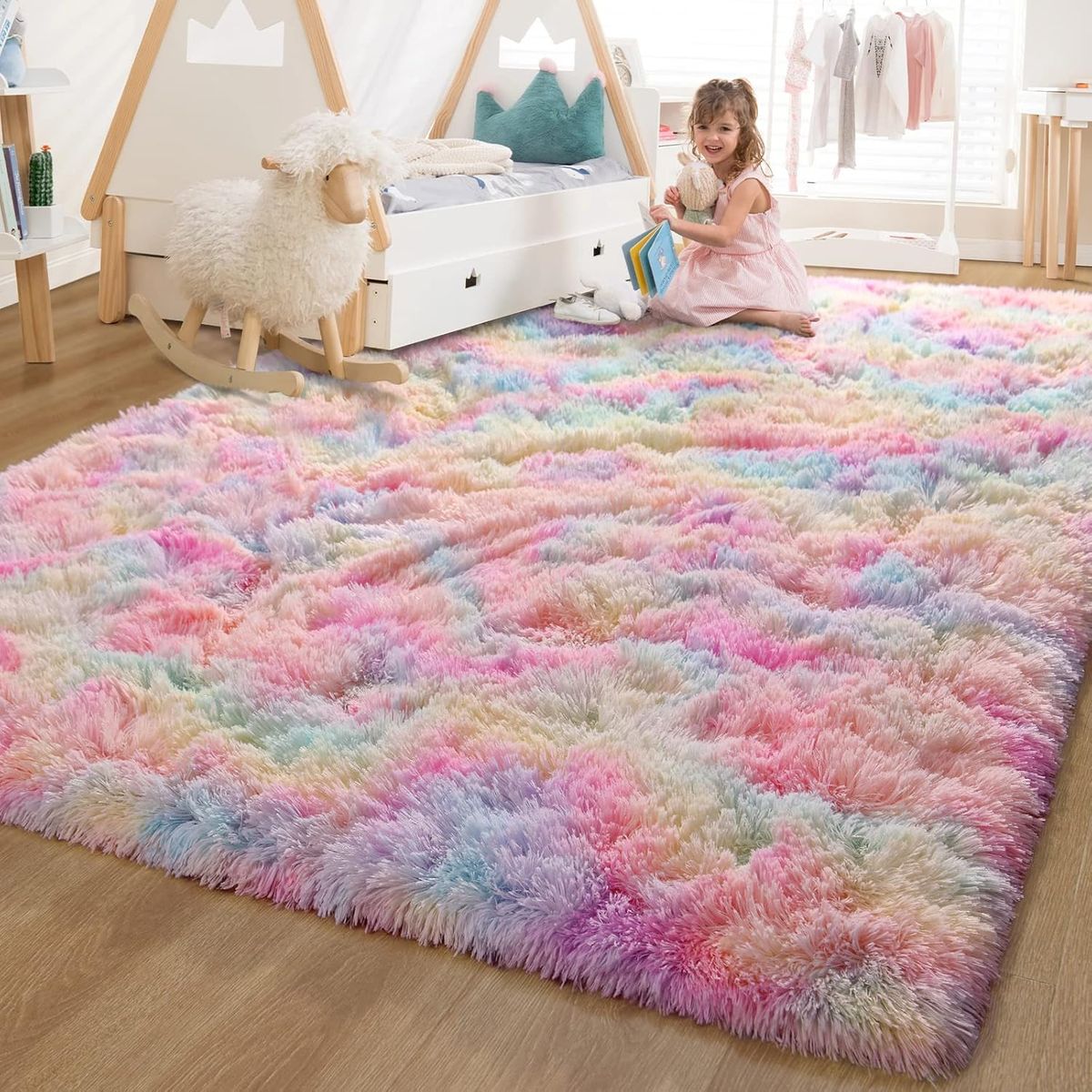 GENERICO - Alfombra Rectangular peluche pelo largo 1.60 x 2.00m Arco Iris