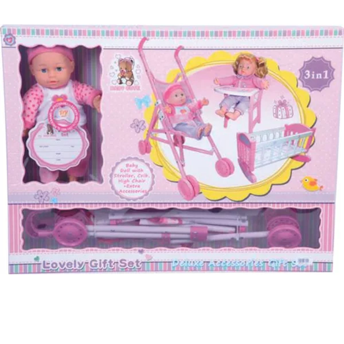 GENERICO - Set Muñeca 3 en 1 Carriola Cuna y Silla Alta