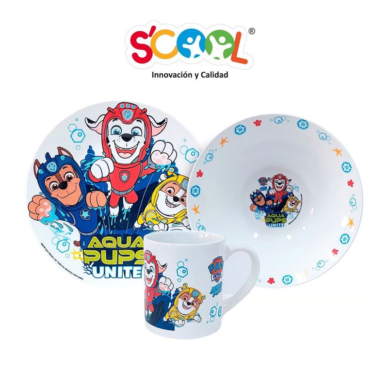 GENERICO - Vajilla de Ceramica - 3 Piezas  Niño -Dibujos animados Aqua Pups