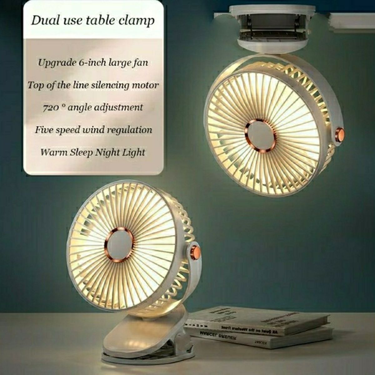 GENERICO - Ventilador Recargable con Clip, Ajuste 5 velocidades Giratorio 360