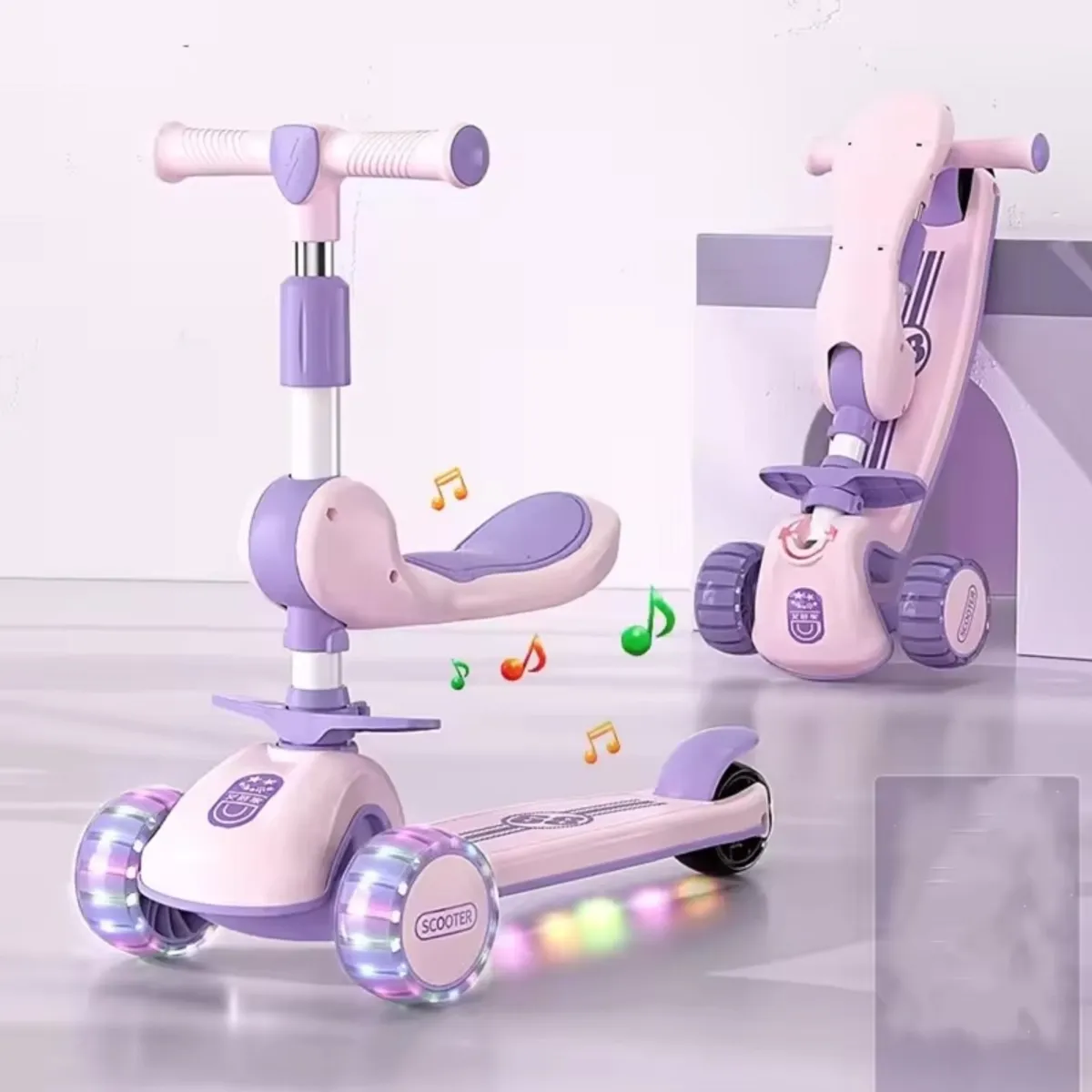 SCOOTER - Scooter Para Niños Con Asiento Luces Musical Rosada Rodillera Codera