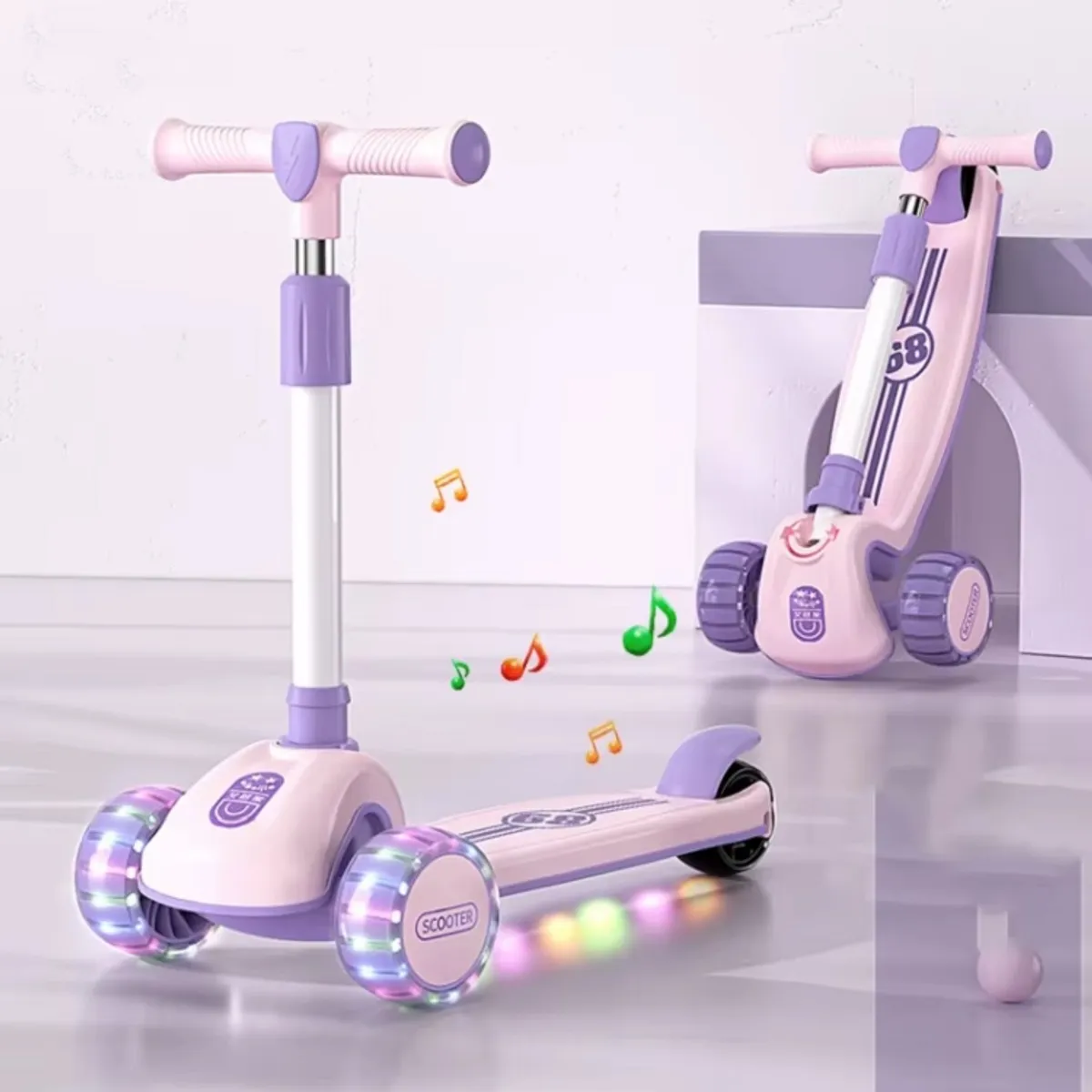 SCOOTER - Scooter Para Niños Con Asiento Luces Musical Rosada Rodillera Codera