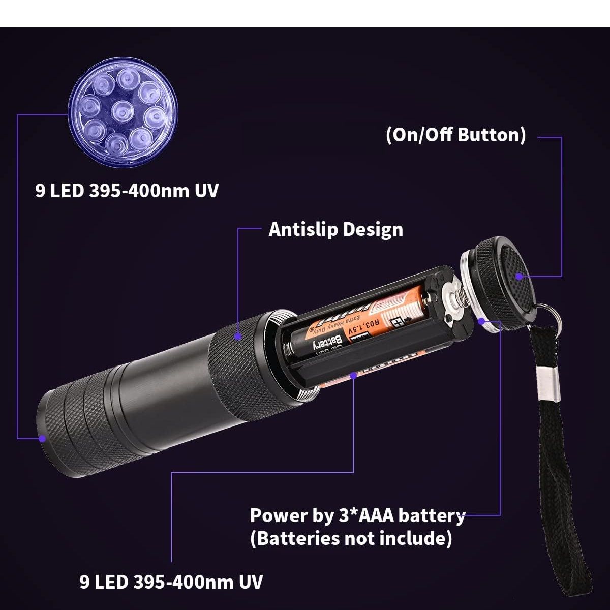 GENERICO - Detector de billetes falsos Linterna de Luz Negra Ultravioleta UV 9 LED  de 395-400 nm PORTATIL