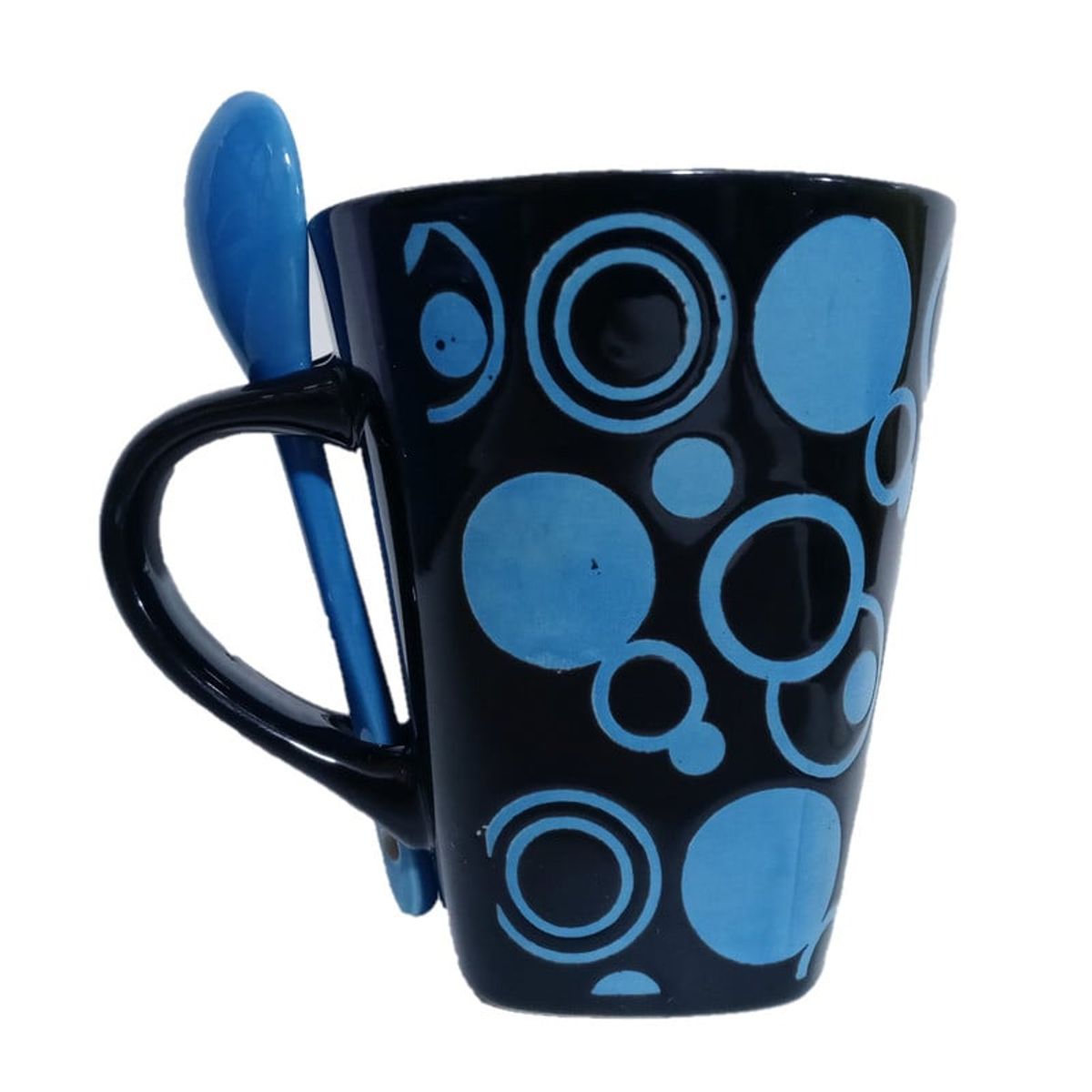 GENERICO - Taza Ceramica Con Cuchara Puntos Azules 2pza