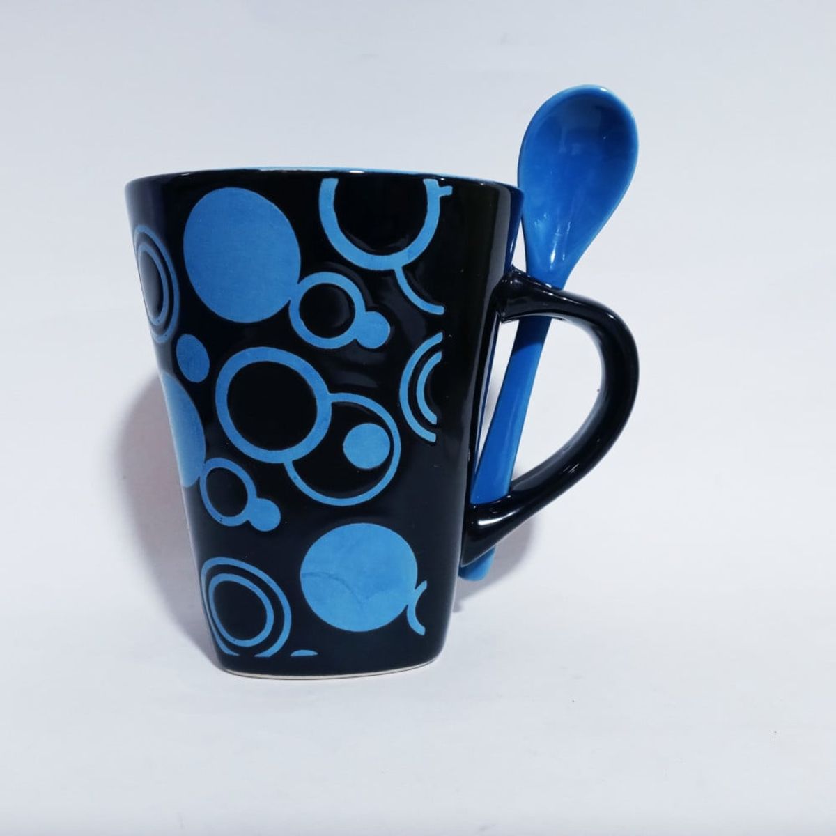 GENERICO - Taza Ceramica Con Cuchara Puntos Azules 2pza