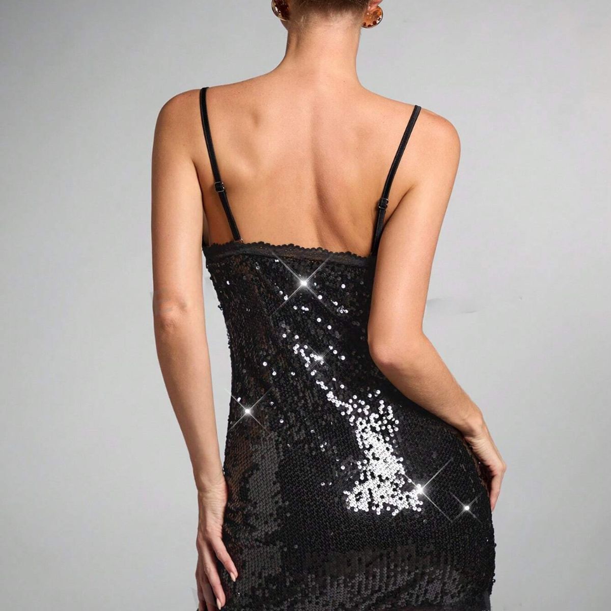 GENERICO - Vestido Encaje Brillos Negro Fiesta De Tiras