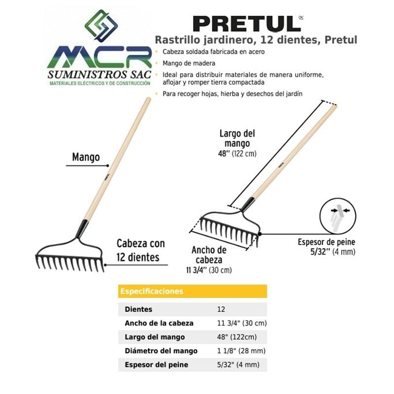 TRUPER - Rastrillo jardinero Classic de 16 dientes con  mango 54" Truper