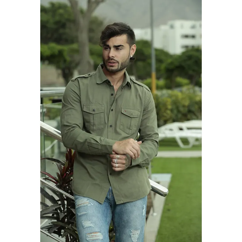 Con Camisa Casual Camisa Color Militar Hombre Camisa Militar De