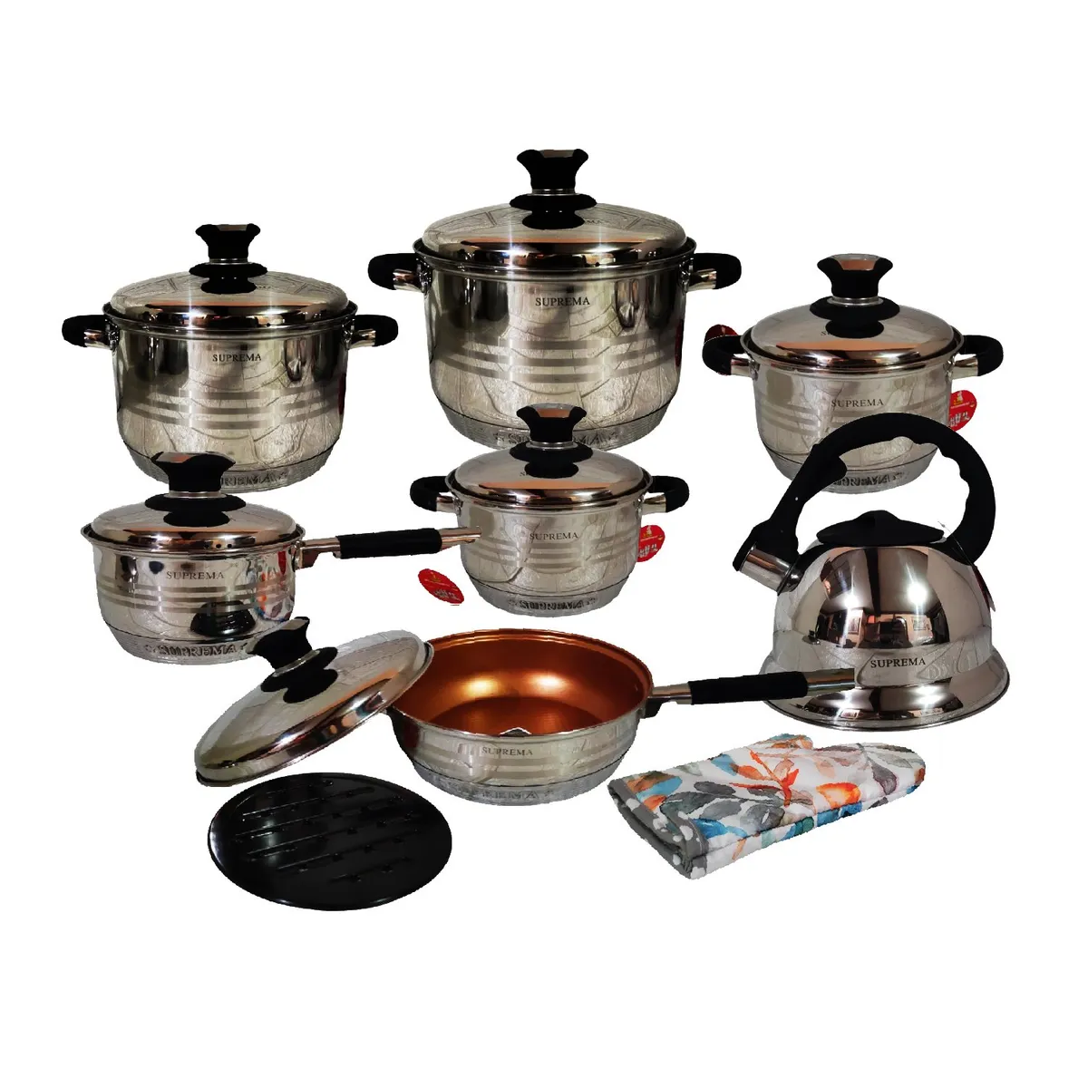 GENERICO - Set de Ollas SUPREMA 14 Piezas SU-TC020-14PC Tapas de Acero Negro