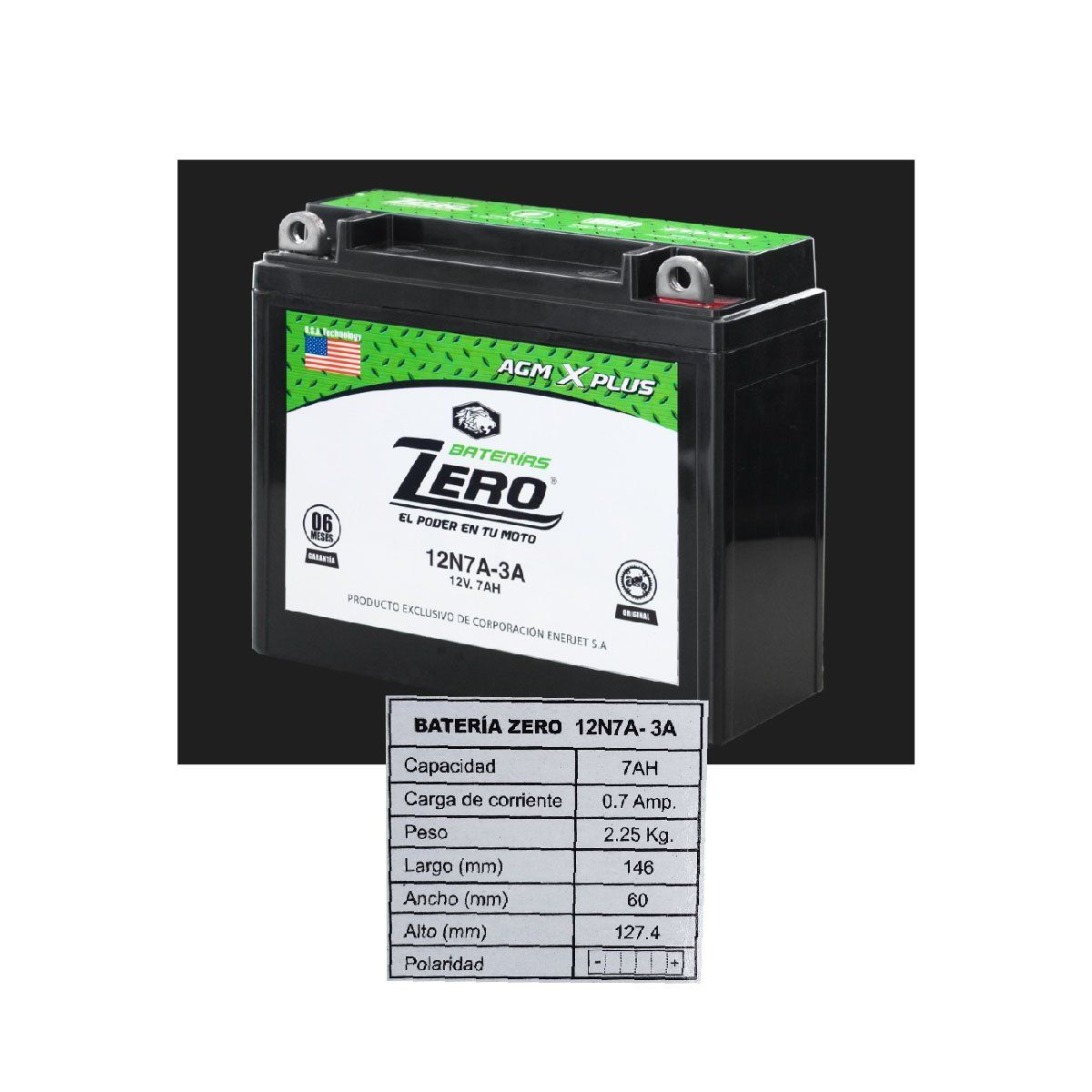 BATERIAS ENERJET - Batería ZERO 12N7A 3A para Moto