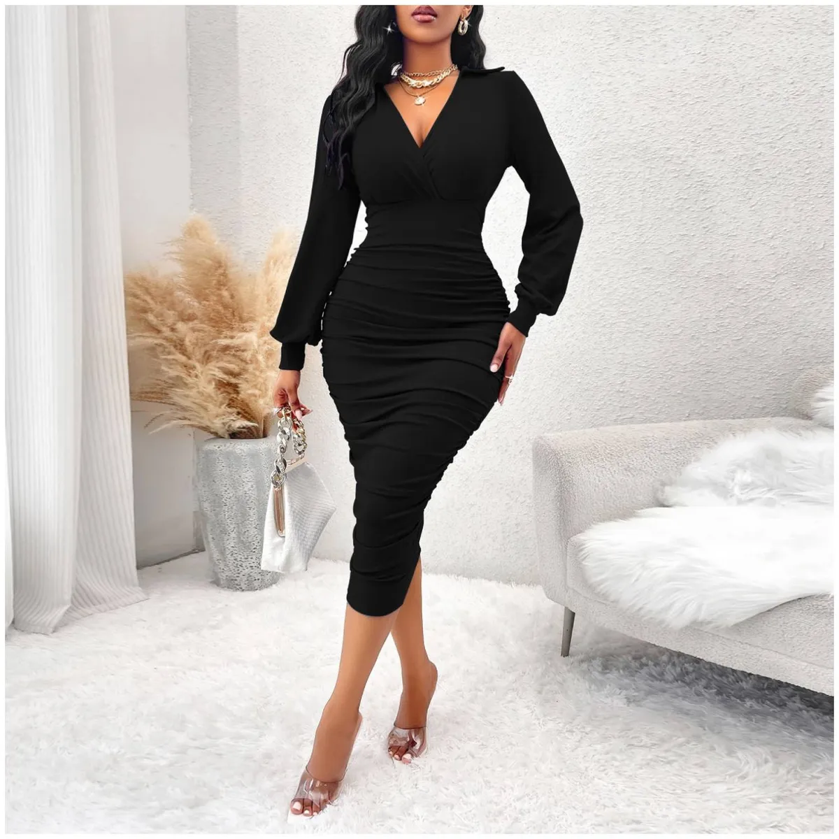 RINODERINA - Vestido Largo Elegante Liso Moderno Moda Mujer