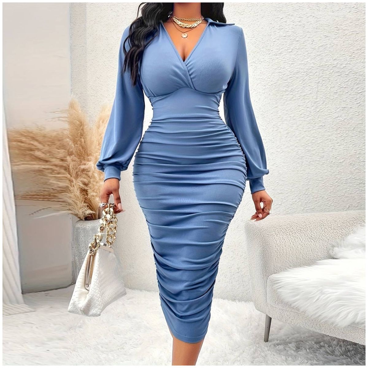 RINODERINA - Vestido Largo Elegante Liso Moderno Moda Mujer