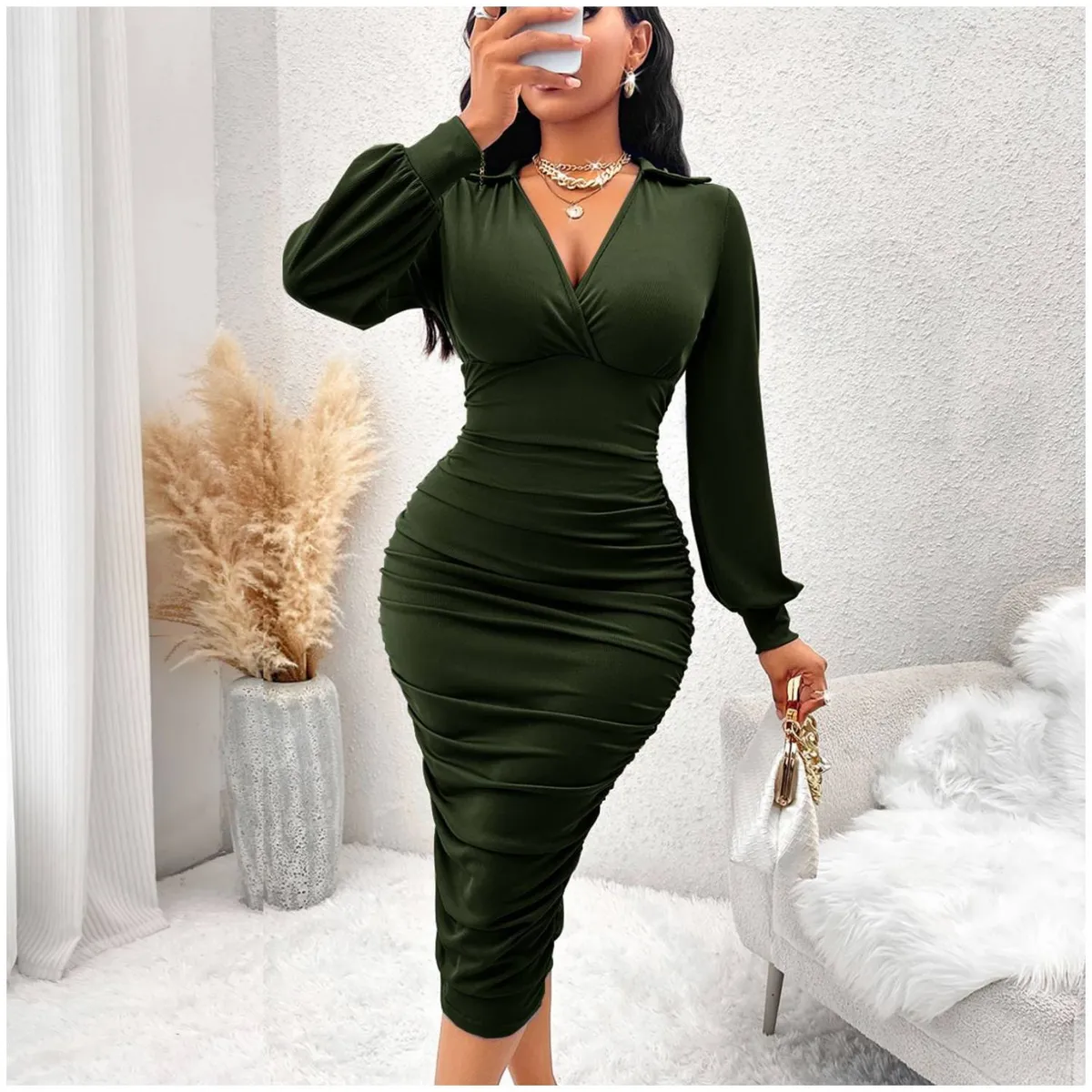 RINODERINA - Vestido Largo Elegante Liso Moderno Moda Mujer