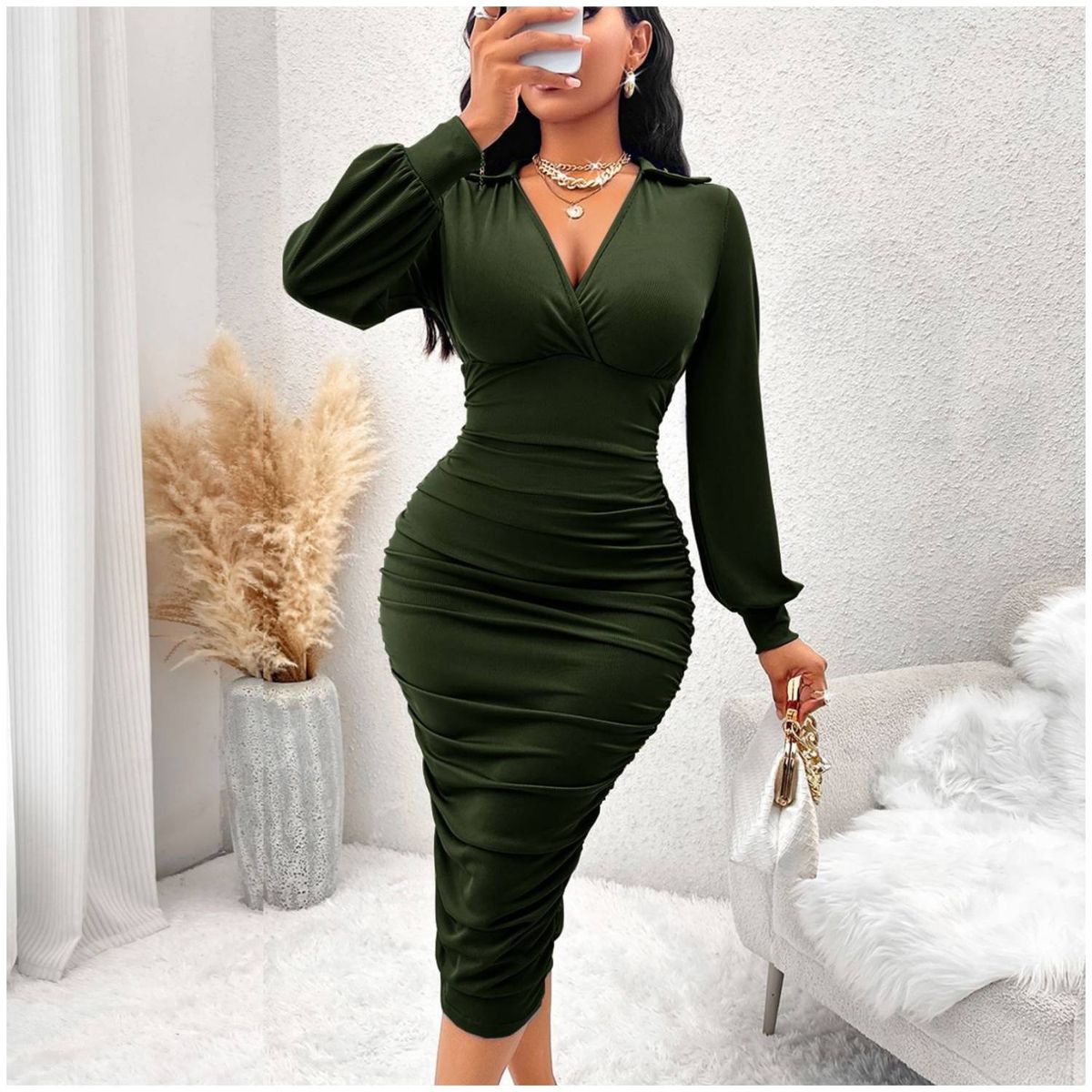 RINODERINA - Vestido Largo Elegante Liso Moderno Moda Mujer