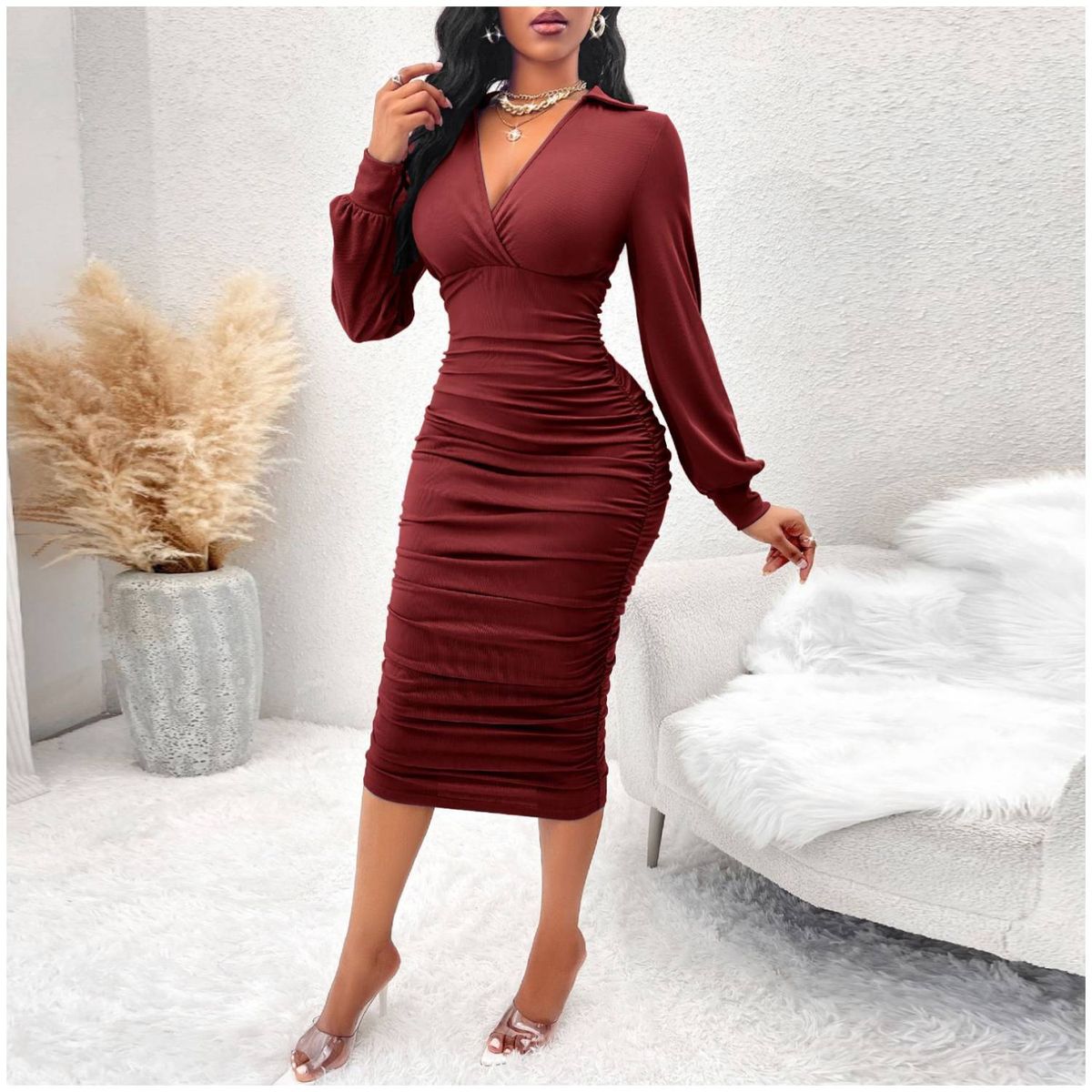 RINODERINA - Vestido Largo Elegante Liso Moderno Moda Mujer