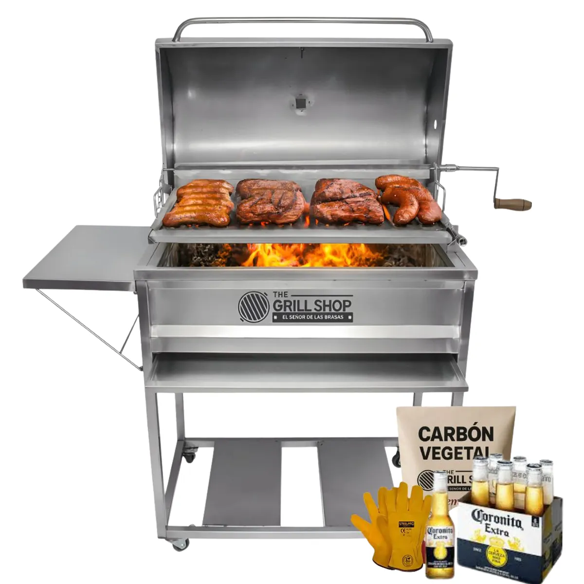 THE GRILL SHOP - Parrilla Grande Con Tapa de Acero Inoxidable+carbón+cerveza+guantes