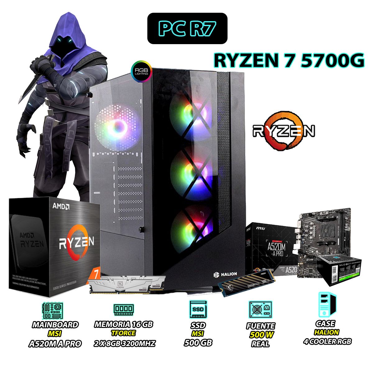 AMD - Computadora PC Ryzen 7 5700G RAM 16GB SSD 500GB CON GRAFICOS AMD RADEON