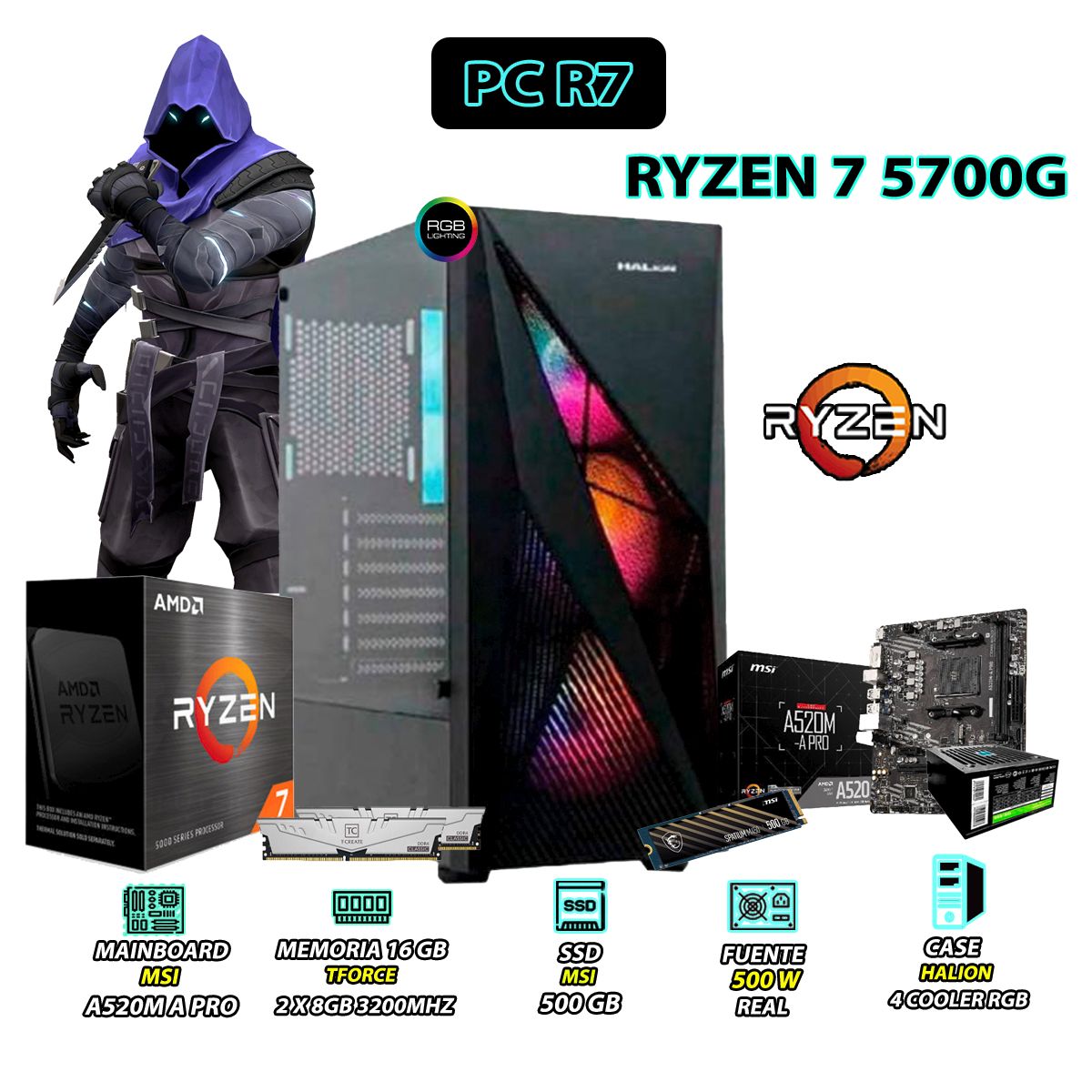 AMD - Computadora PC MAVERICK Ryzen 7 5700G RAM 16GB SSD 500GB CON GRAFICOS AMD RADEON