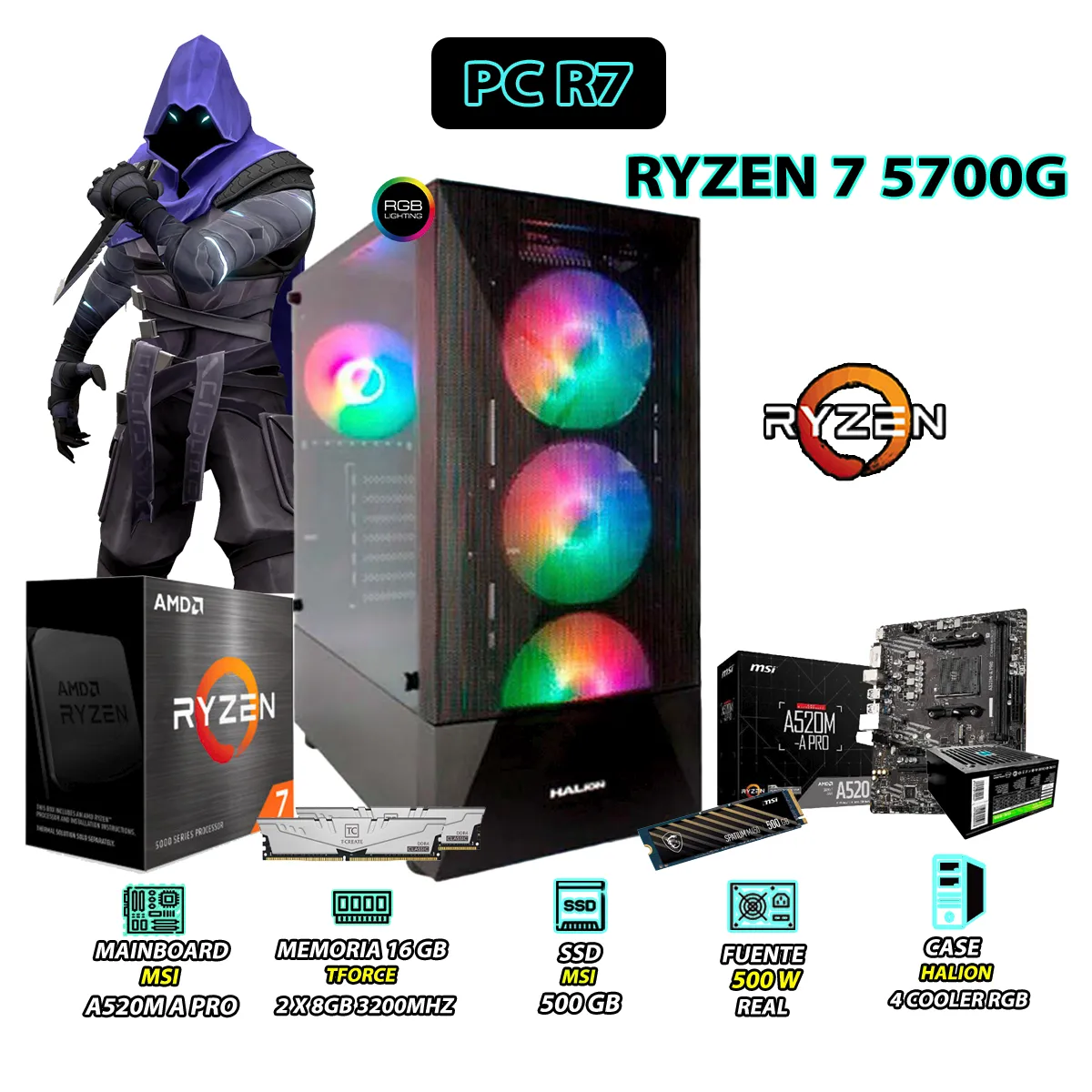 AMD - Computadora PC POLARIS Ryzen 7 5700G RAM 16GB SSD 500GB CON GRAFICOS AMD RADEON