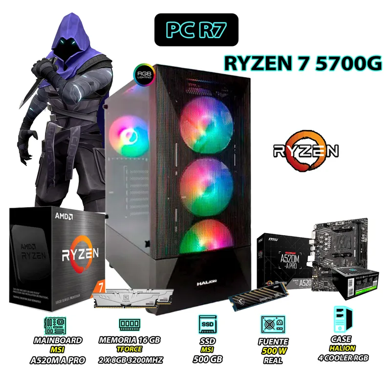 AMD - Computadora PC POLARIS Ryzen 7 5700G RAM 16GB SSD 500GB CON GRAFICOS AMD RADEON