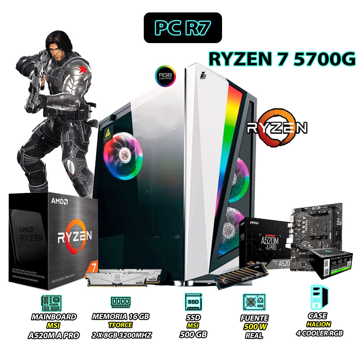 AMD - Computadora PC R7 Ryzen 7 5700G RAM 16GB SSD 500GB CON GRAFICOS AMD RADEON