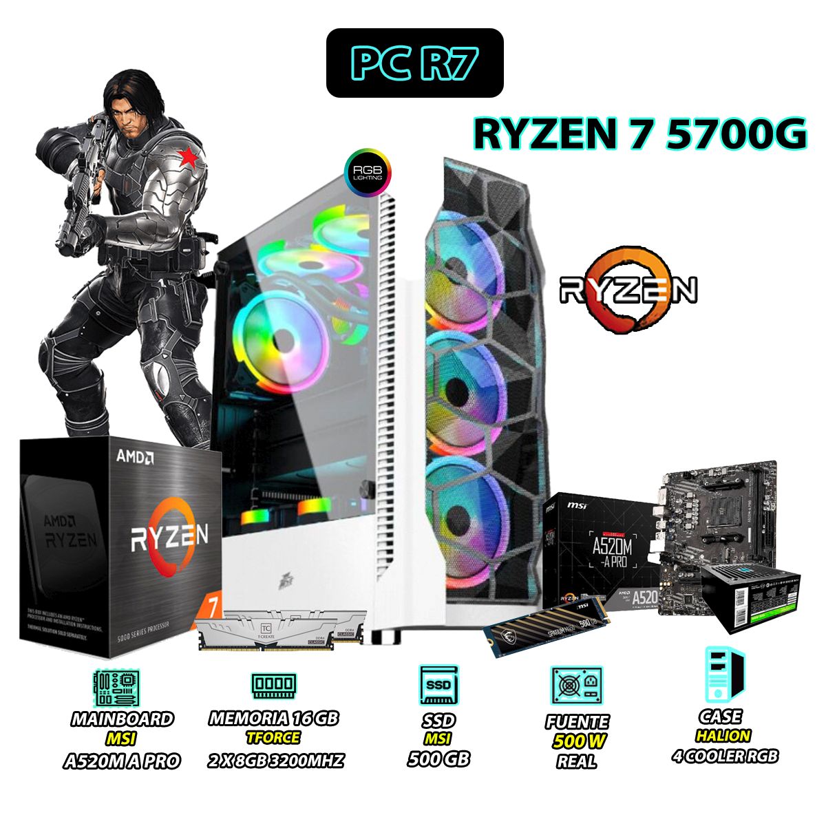 AMD - Computadora PC Ryzen 7 5700G RAM 16GB SSD 500GB CON GRAFICOS AMD RADEON