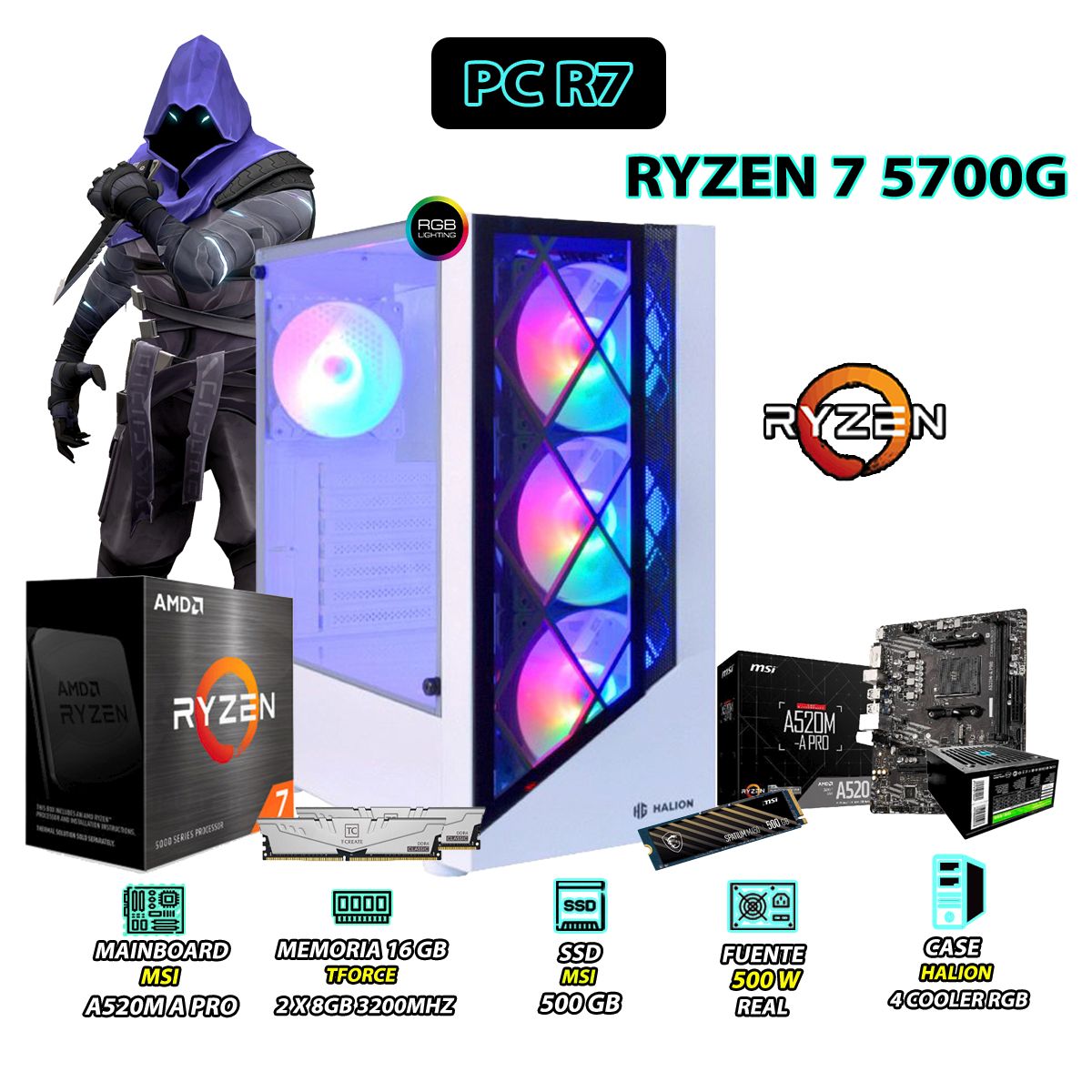 AMD - Computadora PC Ryzen 7 5700G RAM 16GB SSD 500GB CON GRAFICOS AMD RADEON