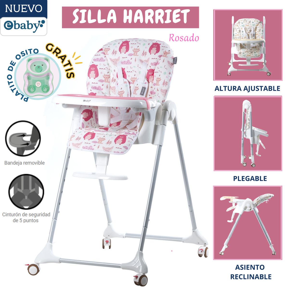 EBABY - Silla de comer para bebé Harriet Bosque Rosado Ebaby