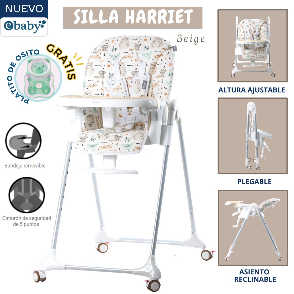 EBABY - Silla de comer para bebé Harriet Bosque Beige Ebaby