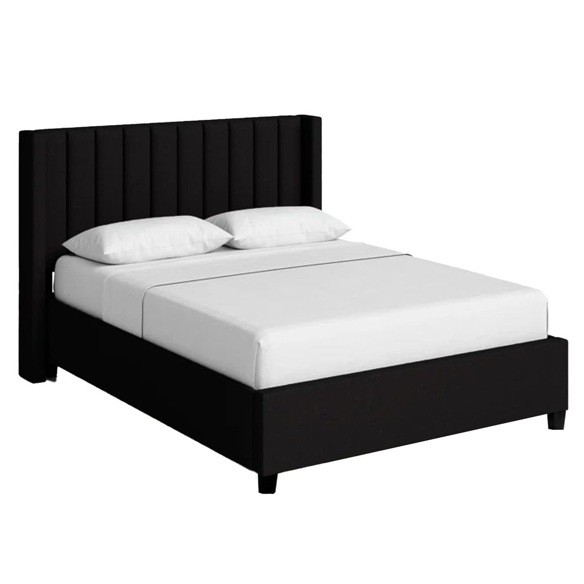 GENERICO - Cama Tapizada Listón con Patas de Madera 2 Plazas Negro