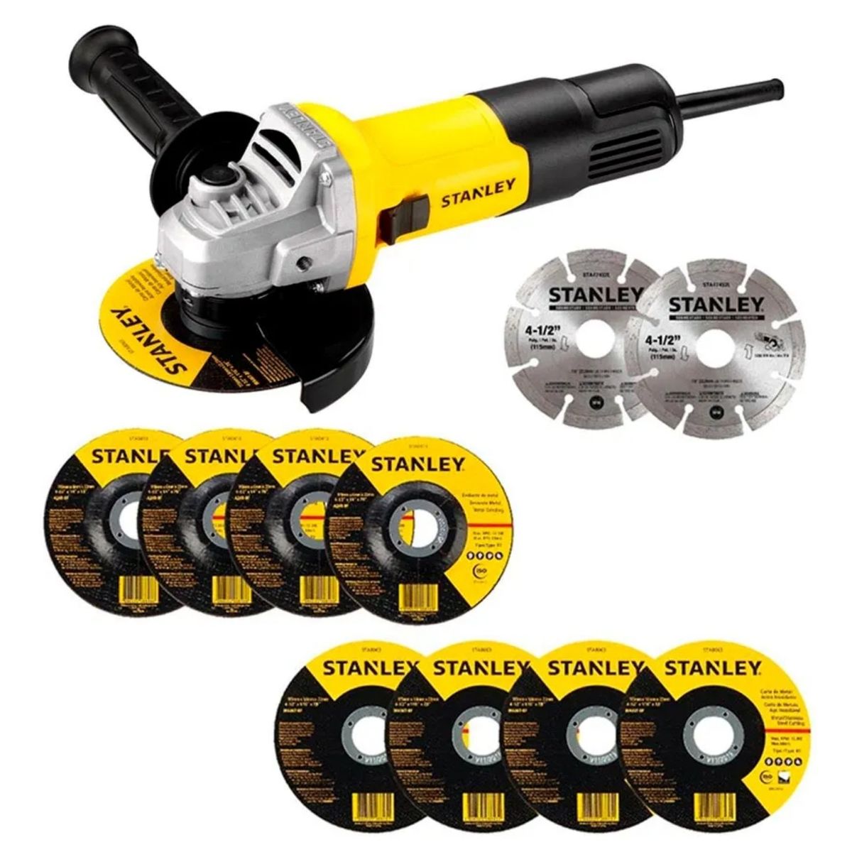 STANLEY - COMBO Amoladora Angular 4-1/2" 750W + 10 Discos de corte, desbaste