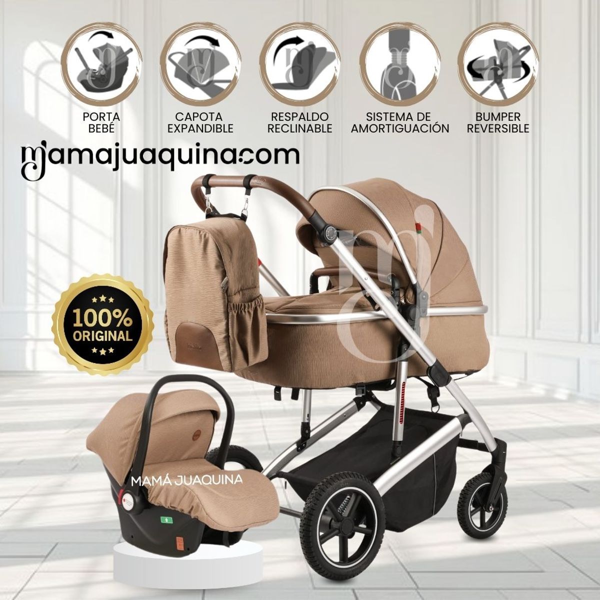 BABY - Coche Moisés Travel System «MAULINE» Porta Bebé Coffee