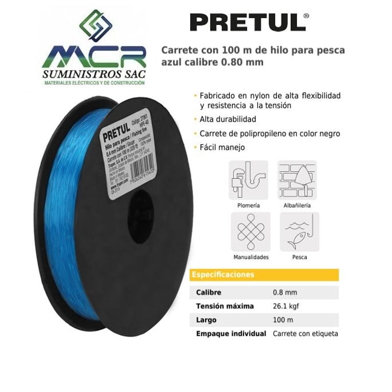 PRETUL - HILO PARA PESCA AZUL CALIBRE 0.80 MM  X 100M PRETUL x3und