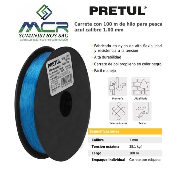 PRETUL - HILO PARA PESCA AZUL CALIBRE 1MM  X 100M PRETUL x3und