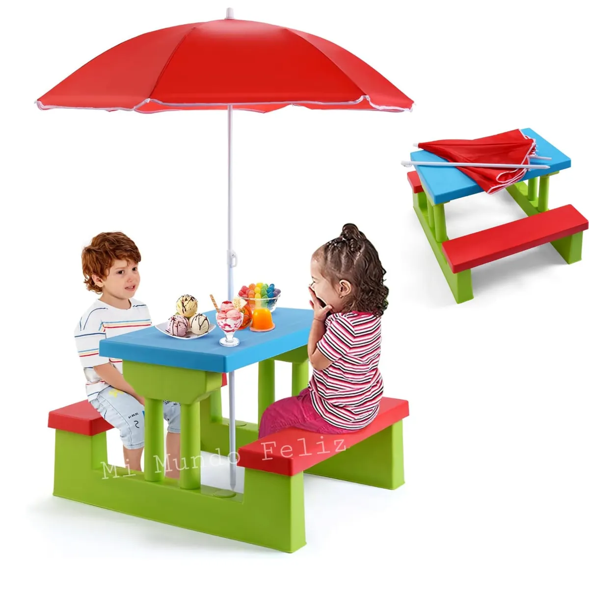 BABY - Mesita de Camping para Niños con Sombrilla Multicolor