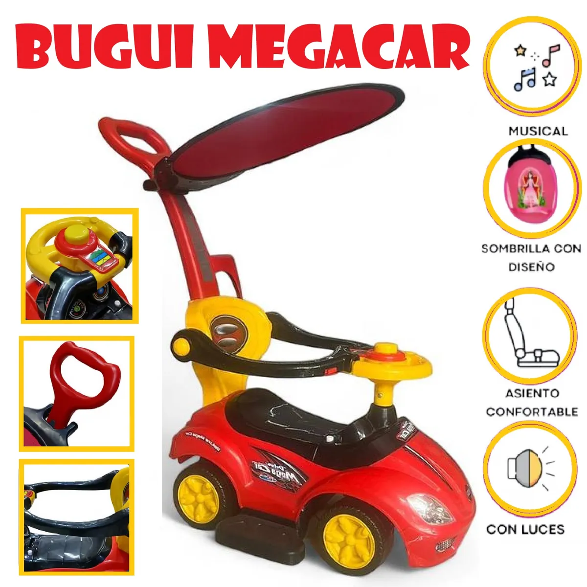 GENERICO - Buggie Empujador 3 en 1 Megacar Musical y Luces - Rojo