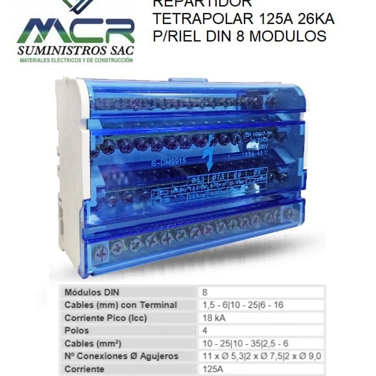 REPARTIDOR TETRAPOLAR 125A 18KA PARA RIEL DIN 8 MODULOS, marca GENERICO - Foto Principal