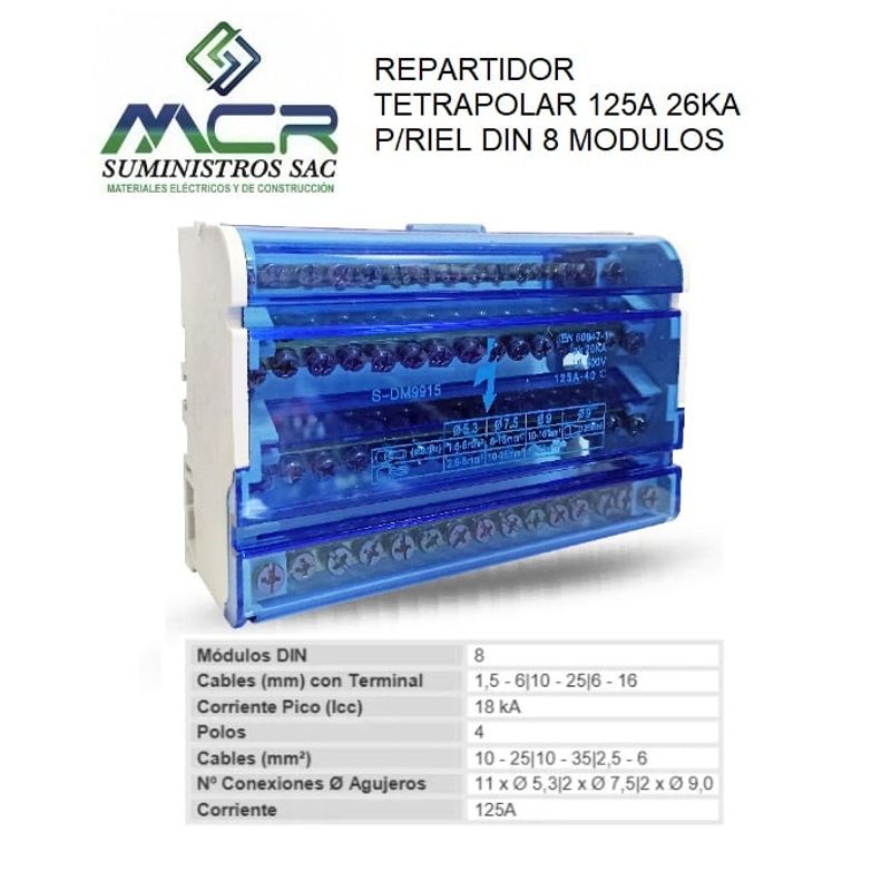 GENERICO - REPARTIDOR TETRAPOLAR 125A 18KA PARA RIEL DIN 8 MODULOS